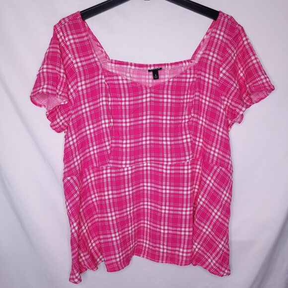 Torrid Top 4X Plaid Pink Peplum Challis Sweetheart Flutter Sleeve - Picture 1 of 11